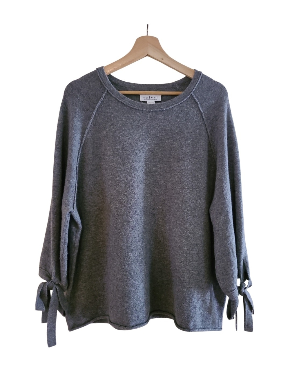 Velvet by Graham & Spencer Nicolette Tie-Sleeve 100% Cashmere Sweater Charcoal